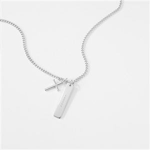 Engraved Sterling Silver Cross and Bar Necklace - Vertical - 56459-V
