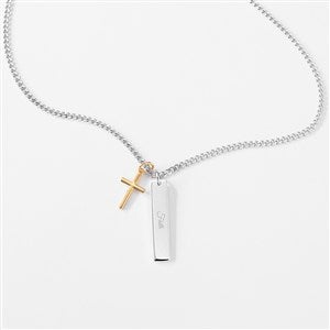 Engraved Gold  Sterling Silver Cross and Bar Necklace - Horizontal - 56460-H