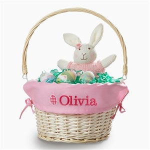 Checkered Egg Embroidered Willow Easter Basket with Folding Handle- Light Pink - 57189-P