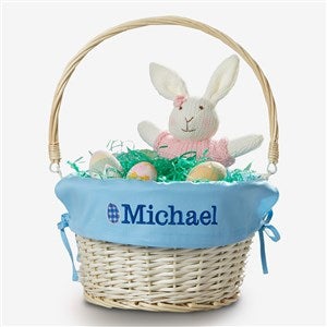 Checkered Egg Embroidered Willow Easter Basket with Folding Handle- Light Blue - 57189-B