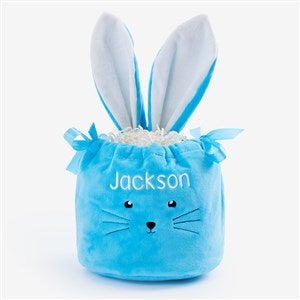 Bunny Face Embroidered Velvet Drawstring Easter Treat Bag - Blue - 57190-B