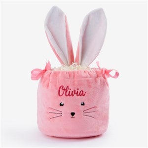 Bunny Face Embroidered Velvet Drawstring Easter Treat Bag- Pink - 57190-P