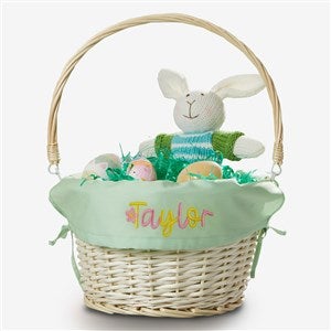 Floral Name Embroidered Willow Easter Basket with Folding Handle- Light Green - 57526-G