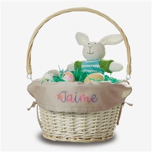 Floral Name Embroidered Willow Easter Basket with Folding Handle- Natural - 57526-NA