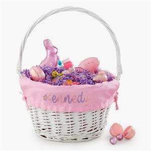 Floral Name Embroidered White Easter Basket with Folding Handle- Light Pink - 57527-P