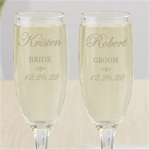 Pair of Bronze Etched Personalized Mr and Mrs Champagne Flutes 