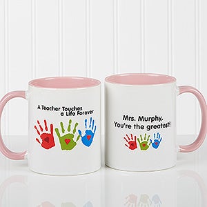 Personalized Teacher Coffee Mugs - Kids Handprints - Pink Handle - 8027-P