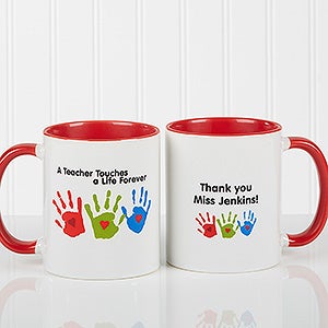 Personalized Teacher Coffee Mugs - Kids Handprints - Red Handle - 8027-R