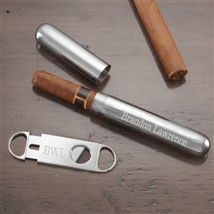 Personalized Silver Cigar Case & Cigar Cutter Set - 8655-S