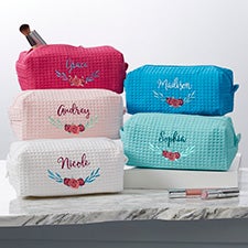 Personalized Waffle Weave Floral Makeup Bags - 23871