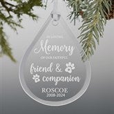 Pet Memorial Teardrop Engraved Glass Ornament - 24503