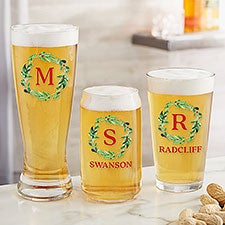 Personalized Beer Glasses - Holiday Monogram Wreath - 24724