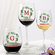 Personalized Christmas Wine Glasses - Holiday Monogram Wreath - 24725