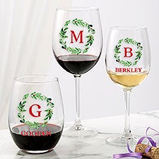 Personalized Christmas Wine Glasses - Holiday Monogram Wreath - 24725
