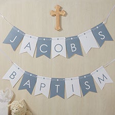 Modern Cross Boy Baptism Personalized Bunting Banner - 26756