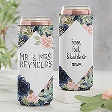 Navy Colorful Floral Personalized Wedding Favor Slim Can Cooler - 27423
