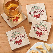 Merry Mistletoe Wreath Personalized Tumbled Stone Coaster Set - 27789