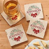 Merry Mistletoe Wreath Personalized Tumbled Stone Coaster Set - 27789