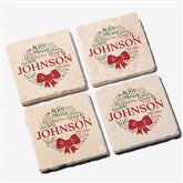 Merry Mistletoe Wreath Personalized Tumbled Stone Coaster Set - 27789