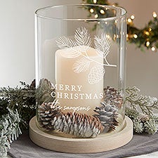 Festive Foliage Personalized Christmas Wood Hurricane Candle Holder - 29075