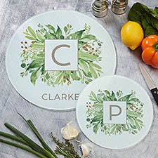 Greenery Monogram Personalized Round Glass Cutting Boards - 29254