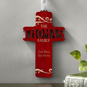 Bless Our Family Personalized Red Stain Wood Cross