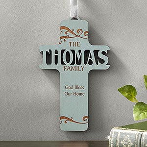 Bless Our Family Personalized Blue Stain Wood Cross