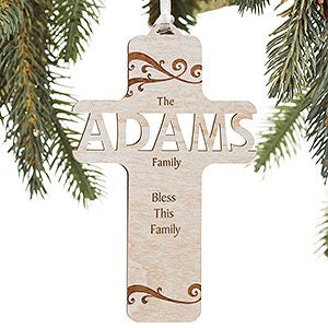 Bless Our Family Personalized Whitewash Wood Cross Ornament