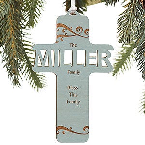 Bless Our Family Personalized Blue Wood Cross Ornament
