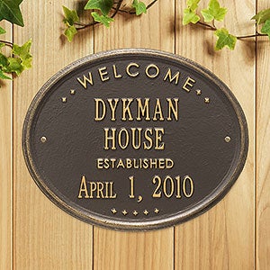 Oval Welcome Personalized Aluminum House Plaque - Bronze & Gold