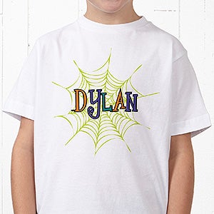 Personalized Boys Halloween T-Shirts - Spider Webs - Youth Large (14-16) - White