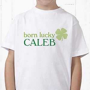 Personalized Kids T-Shirt - Born Lucky Four Leaf Clover - Youth Large (14-16) - Light Gray