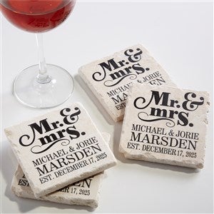 Happy Wedding Couple Personalized Tumbled Stone Coaster Set - Unique Wedding & Anniversary Gifts