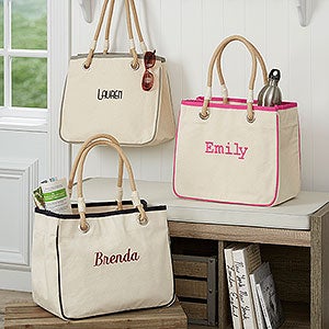 Embroidered Canvas Rope Tote- Name