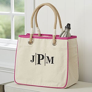 Embroidered Pink Canvas Tote Bag With Rope Handles