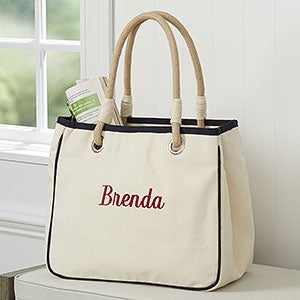 Embroidered Navy Canvas Tote Bag With Rope Handles