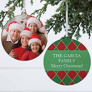 Christmas Argyle Personalized Photo Ornament - 2 Sided Wood