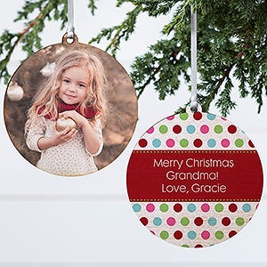Polka Dot Christmas Photo Ornament - 2 Sided Wood