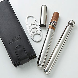 Debossed Leather Cigar and Flask Holder 3pc Set