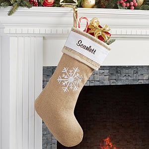 Rustic Snowflake Burlap Embroidered Stocking