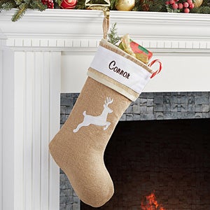 Rustic Reindeer Burlap Embroidered Stocking- Reindeer