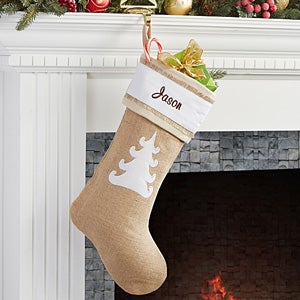 Rustic Tree Burlap Embroidered Stocking