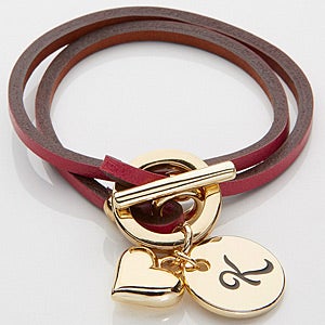 Raspberry Leather Wrap Bracelet with Gold Charms