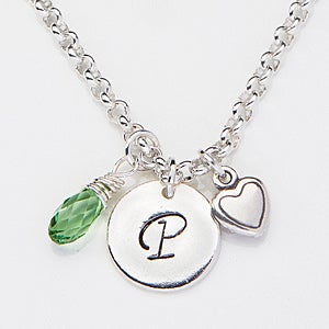 Initial Necklace with Swarovski Birthstone and Charms