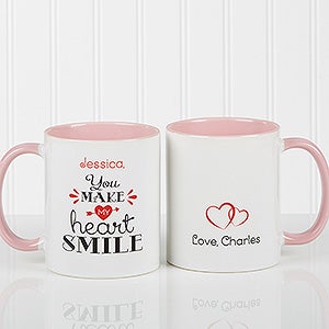 Pink Personalized Couples Coffee Mugs - You Make My Heart Smile