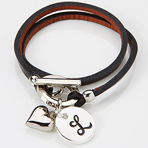 Black Leather Wrap Personalized Charm Bracelet