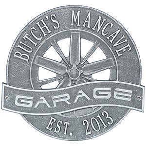 Racing Wheel Personalized Aluminum Garage Plaque - Pewter/Silver