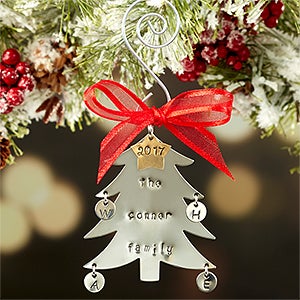 Family Christmas Tree Hand Stamped Ornament- 4 Initials