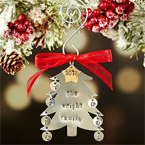 Family Christmas Tree Hand Stamped Ornament- 7 Initials