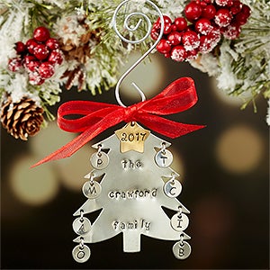 Family Christmas Tree Hand Stamped Ornament- 8 Initials